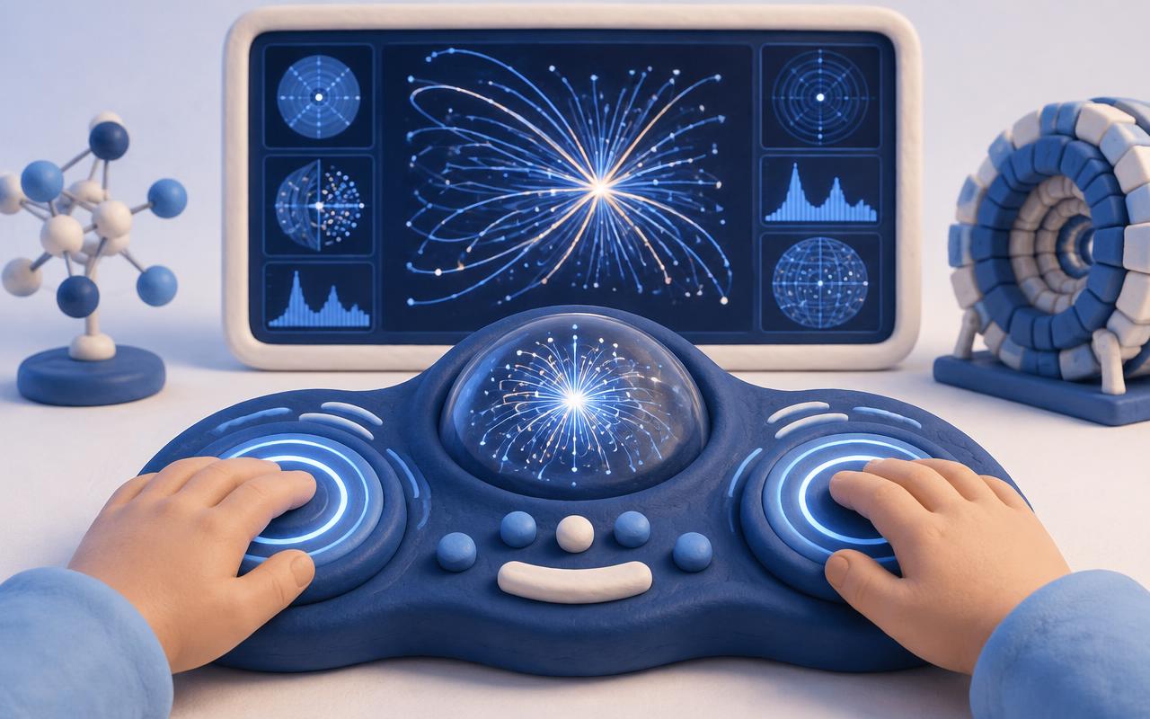 Exploración somatosensorial de datos del CERN representada en claymation azul